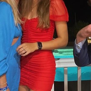 red formal ruched dress